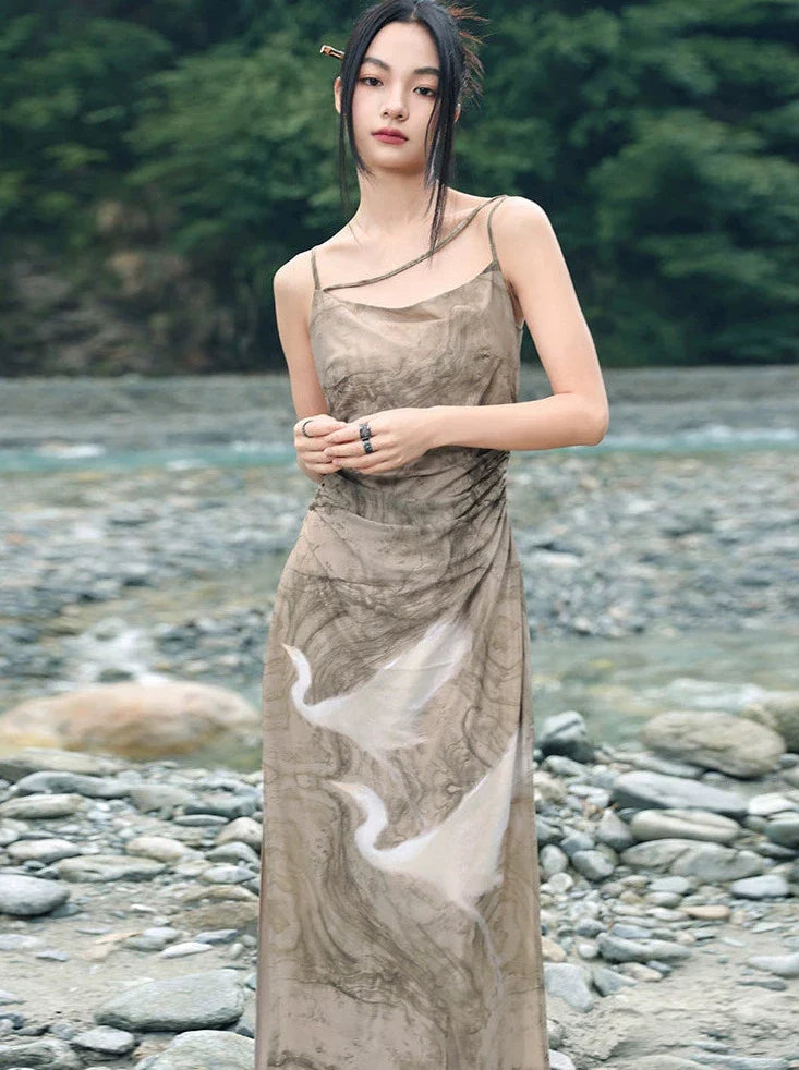 Print Suspender Draped Dress Retro Dark