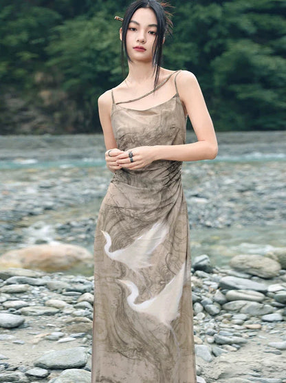 Print Suspender Draped Dress Retro Dark