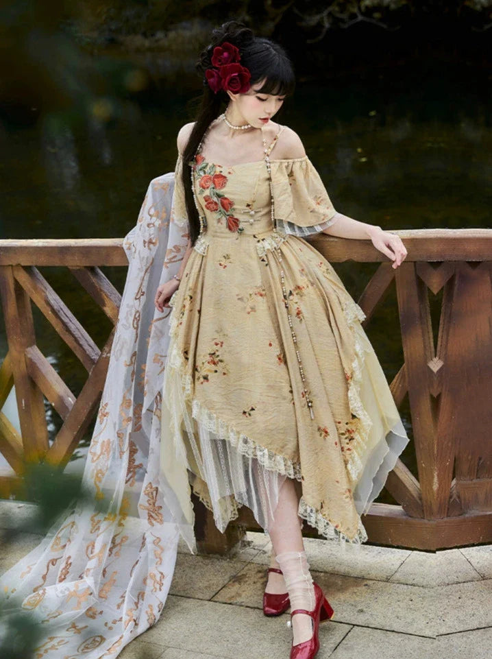 Elegante Träger Quadratischer Kragen Rose Off-the-Shoulder Kleid Unregelmäßig