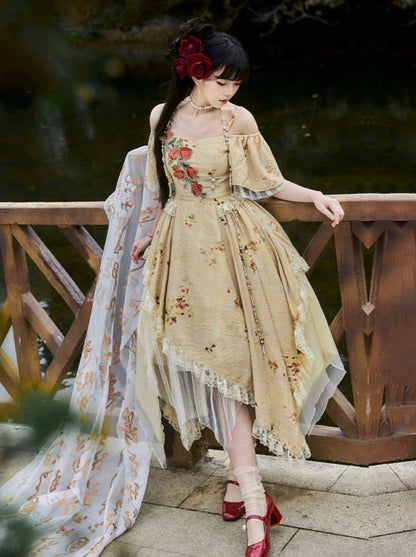 Elegante Träger Quadratischer Kragen Rose Off-the-Shoulder Kleid Unregelmäßig