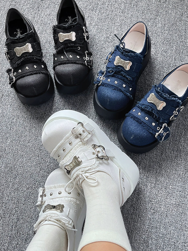 Toe Denim Shoes Puppy Platform Angel Punk Style Round