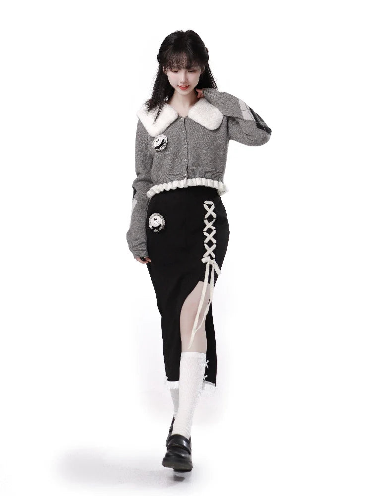 ラビットファーカラーパールバックルフリルショートカーディガン+マーメイドスリットスカート