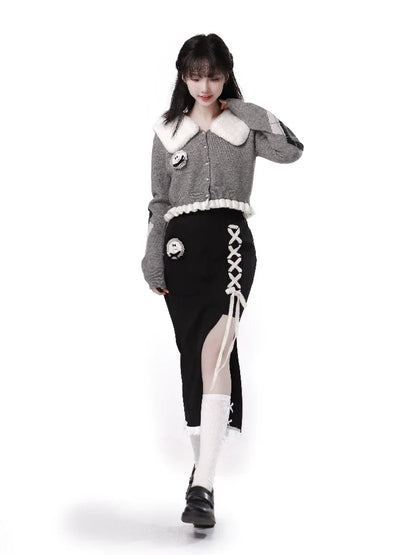 ラビットファーカラーパールバックルフリルショートカーディガン+マーメイドスリットスカート
