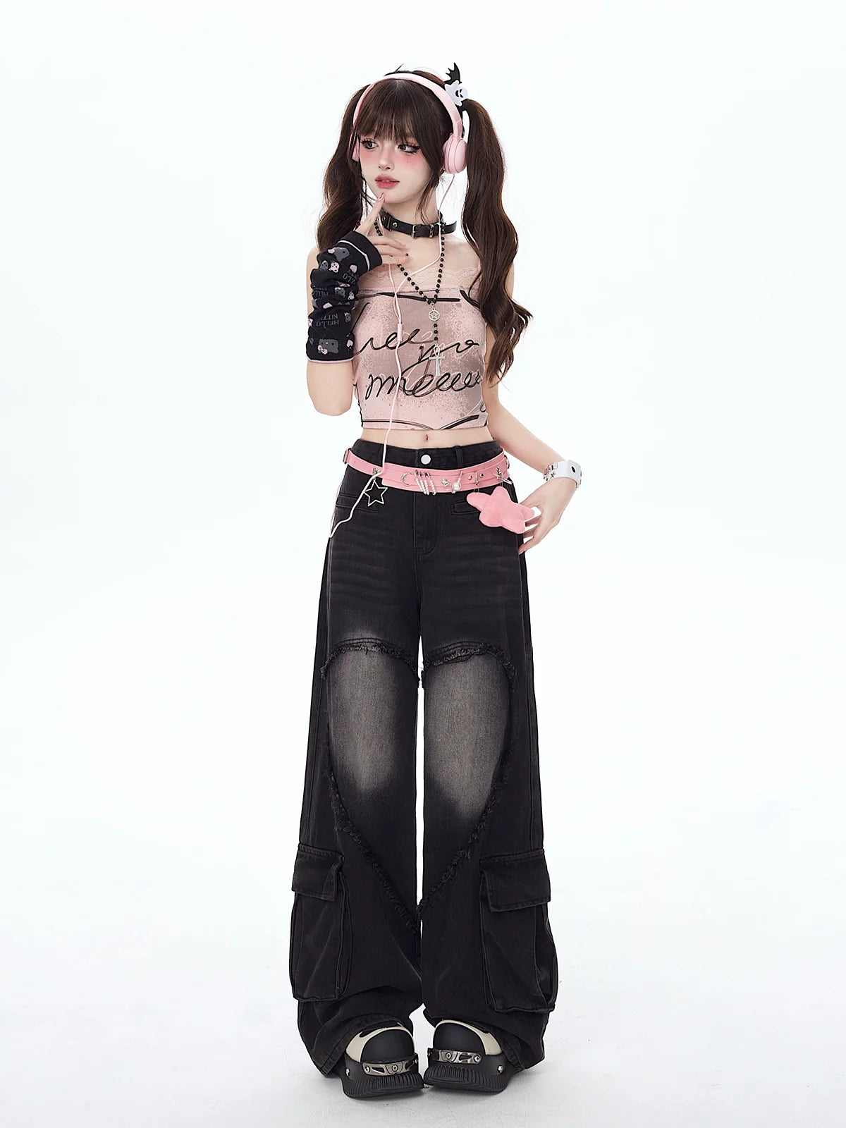 Big Wide Denim Pants Heart Loose