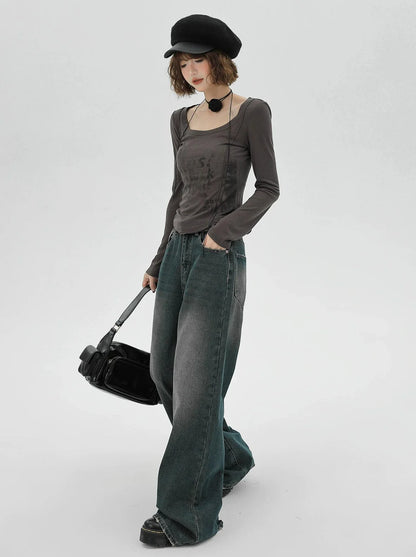 American Slim Retro Long Letter Grey T