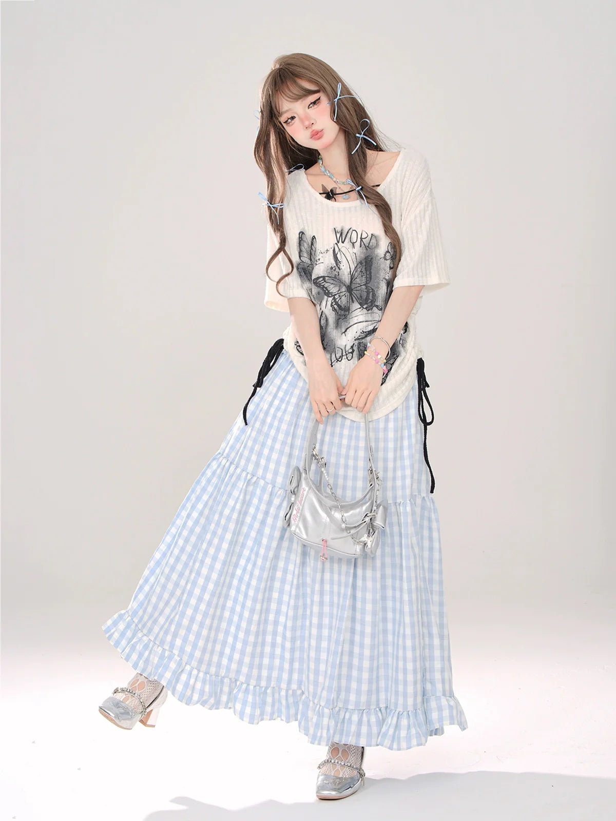 チェック+リボン Aライン Aライン ドットスカート ロングスカート ロング