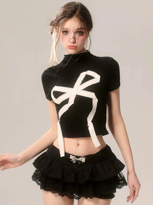 Neck Sweet Big Short American T-Shirt High Ribbon