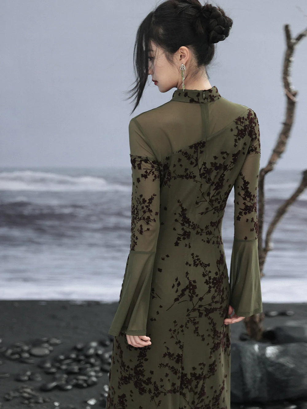 Mesh High End Flare Sleeve Dress Retro