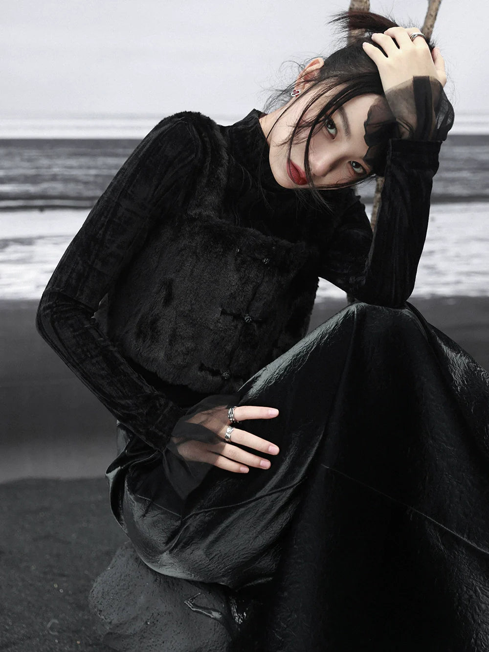 ベルベットダークタートルネックスプライシングシャツメッシュレトロ