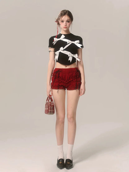 ショートブラックリボンスリムニッチTシャツ