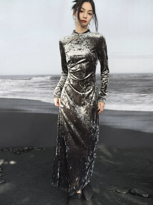 Kleid China Velvet Diamond Gold