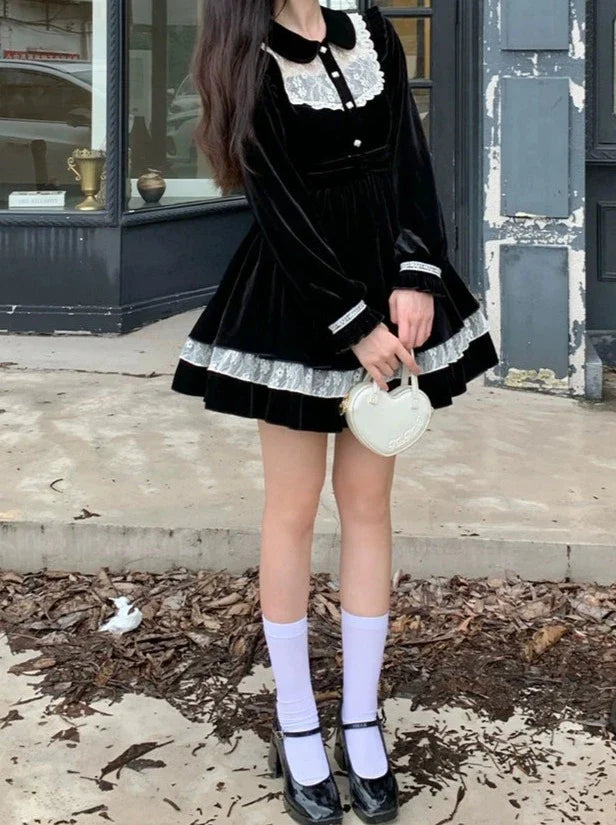 Black Flared Girly Dress - Kawaii A-Line