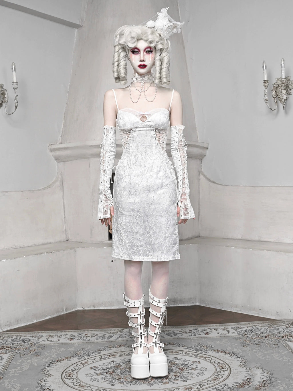 White Strap Sleeping Slim Jacquard Dark Alice Gothic Dress Suspender