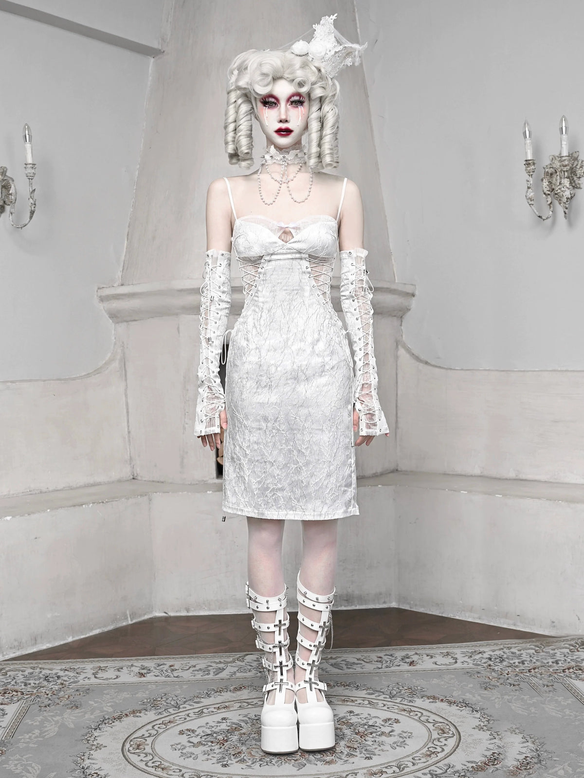 White Strap Sleeping Slim Jacquard Dark Alice Gothic Dress Suspender