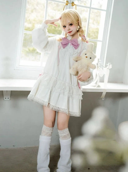 Bow Frilled Big Hooded Girly Long Bunny Dress Ears
