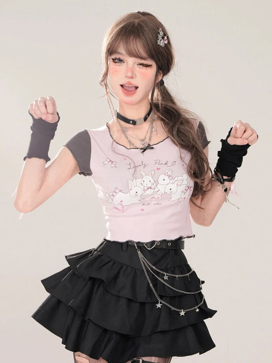 ショートTシャツ キュートなUネック フリルプリント ウサギ