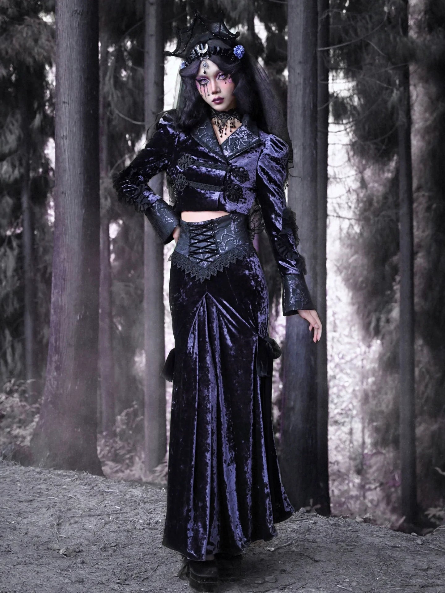 Gothic Long Skirt Ribbon Luna Velvet Slim
