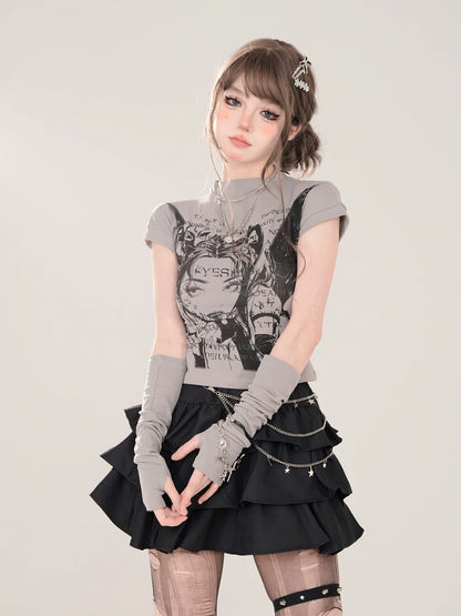 ショートタートルネック + スモールTシャツプリント グレー 地球儀イラストスリーブ