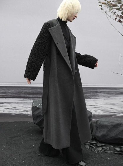 Wool Long Splice Coat Dark Mode