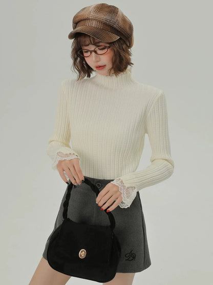 Knit Lace Turtleneck Half Splicing Top