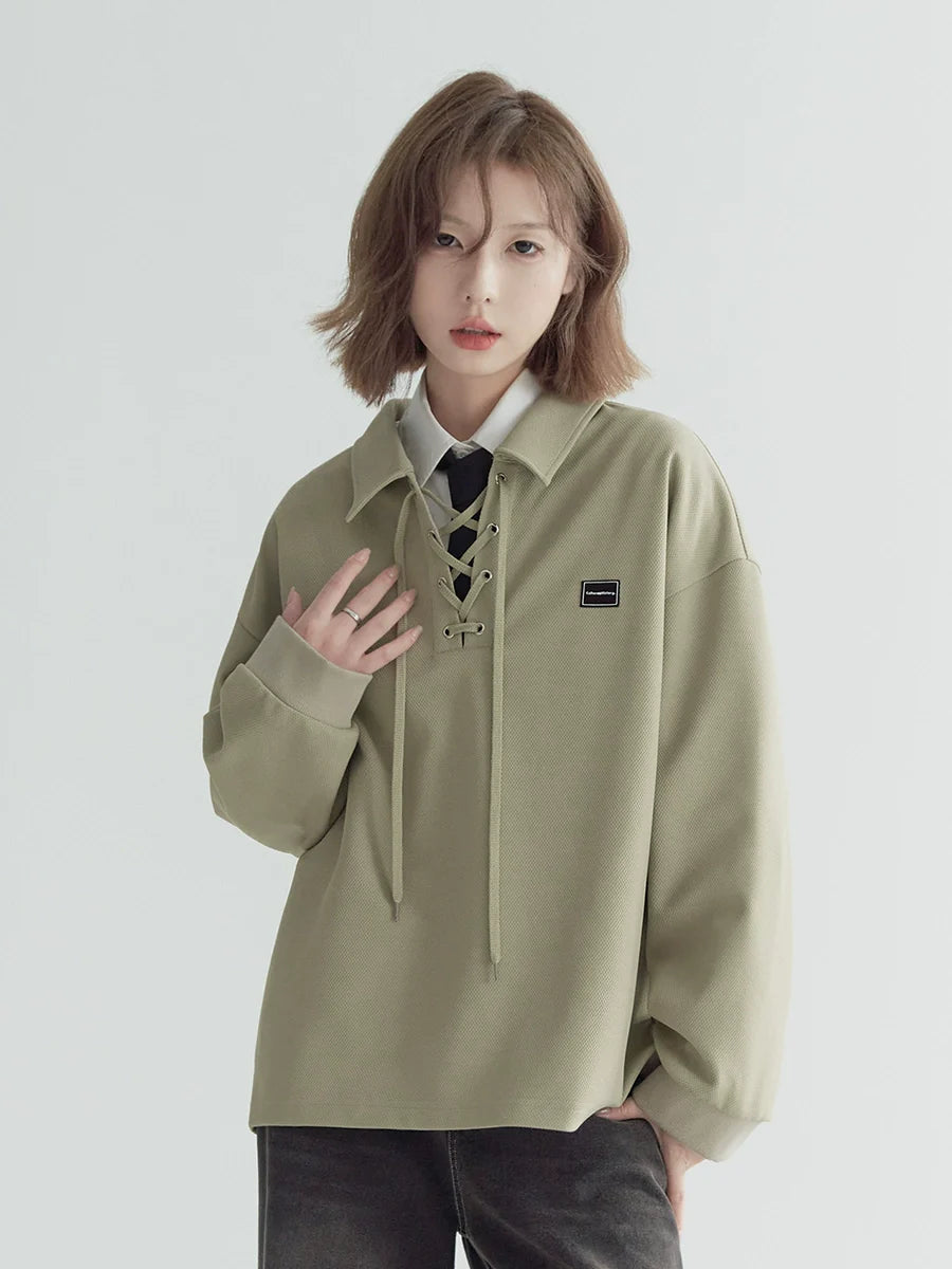 レースアップネックルーズトップポロ