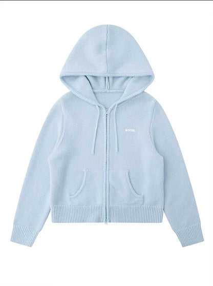 クリームニットフーディーブルーカーディガン