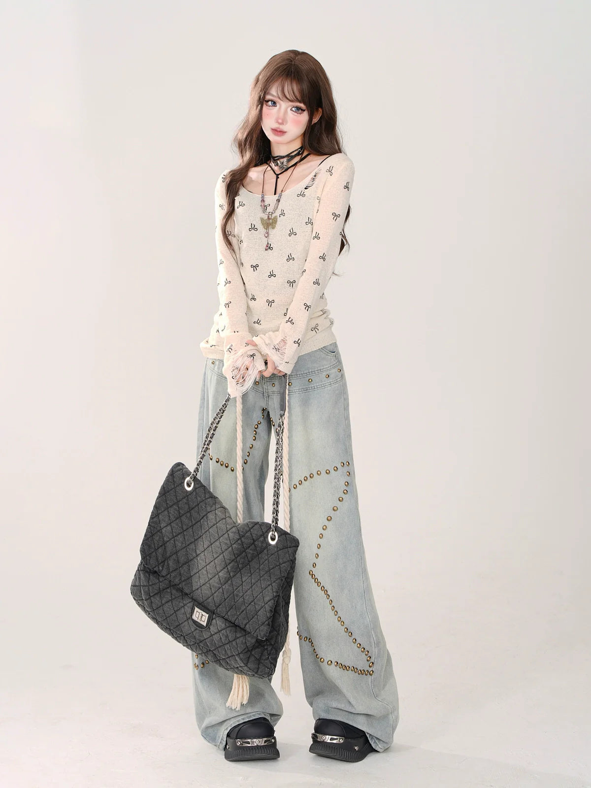 Waist Denim High Blue Sheer Pants Studded Star