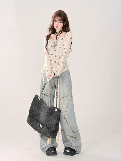 Waist Denim High Blue Sheer Pants Studded Star