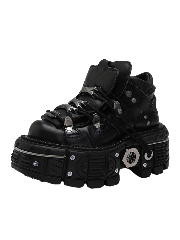 チェーンパンクメタルプラットフォームプレーンダークシューズハイトップ