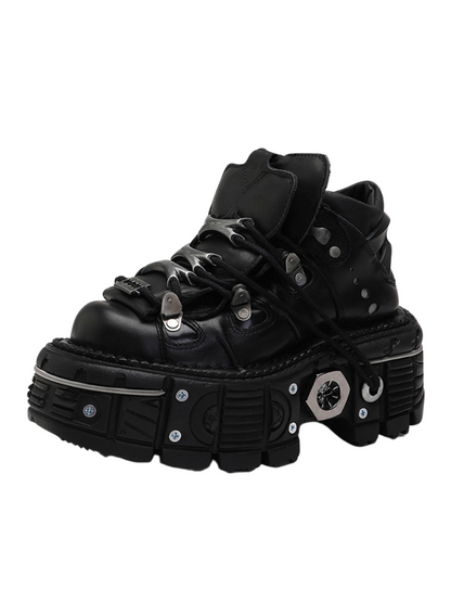 チェーンパンクメタルプラットフォームプレーンダークシューズハイトップ
