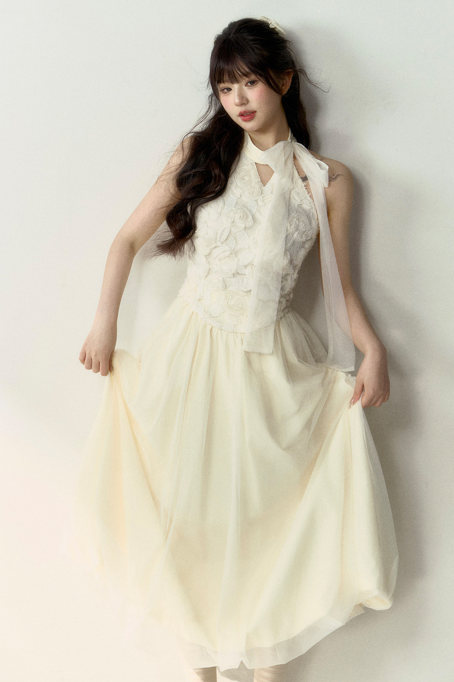 ロング丈＆スイートなノースリーブショートフラワーフレンチスカートバルーントップ