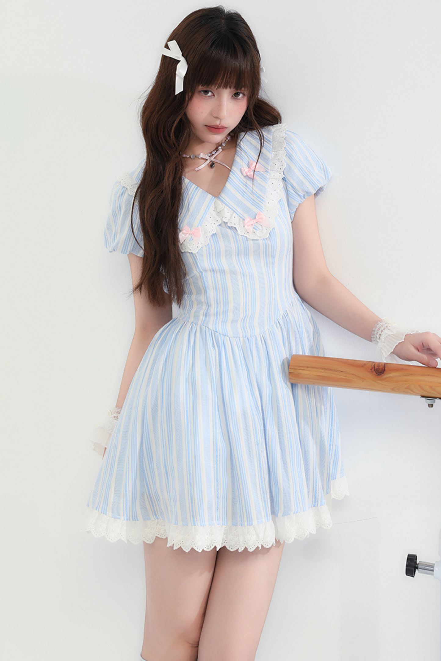 Kleid Schleife Spitze Blau Streifen