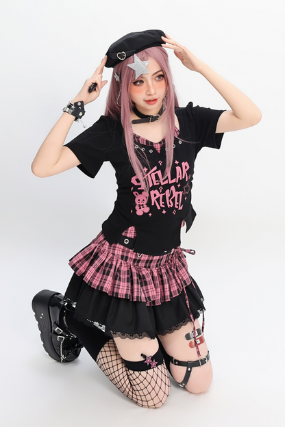 チェック柄トップス + クロップ Y2K スカート