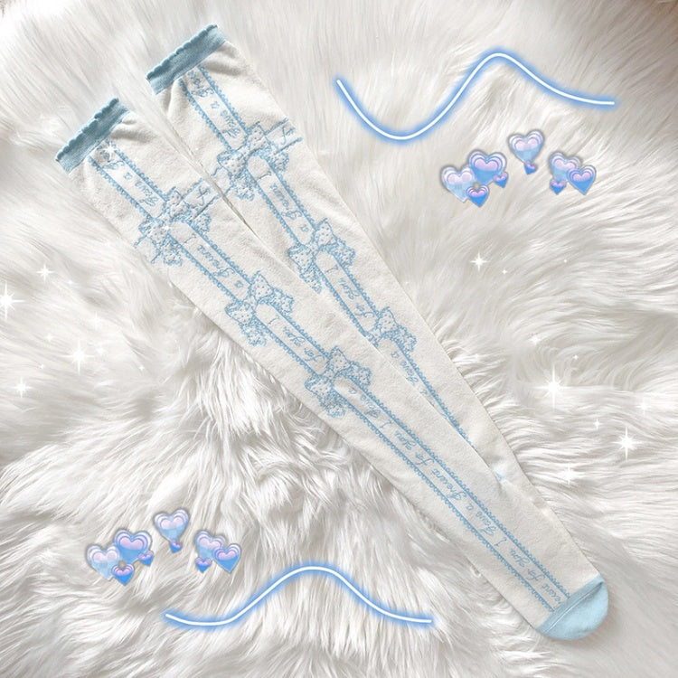 Red/Black/Blue/Pink Bowknot Print Sweet Lolita Overknee Stockings