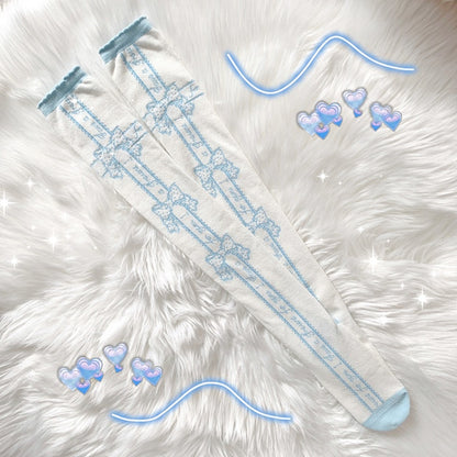 Red/Black/Blue/Pink Bowknot Print Sweet Lolita Overknee Stockings