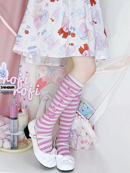 Bunny Print Sweet Lolita Underknee Striped Stockings