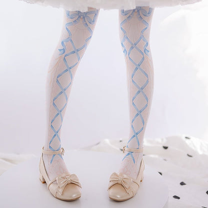 Pink/Blue Ribbon Print Sweet Lolita Tights