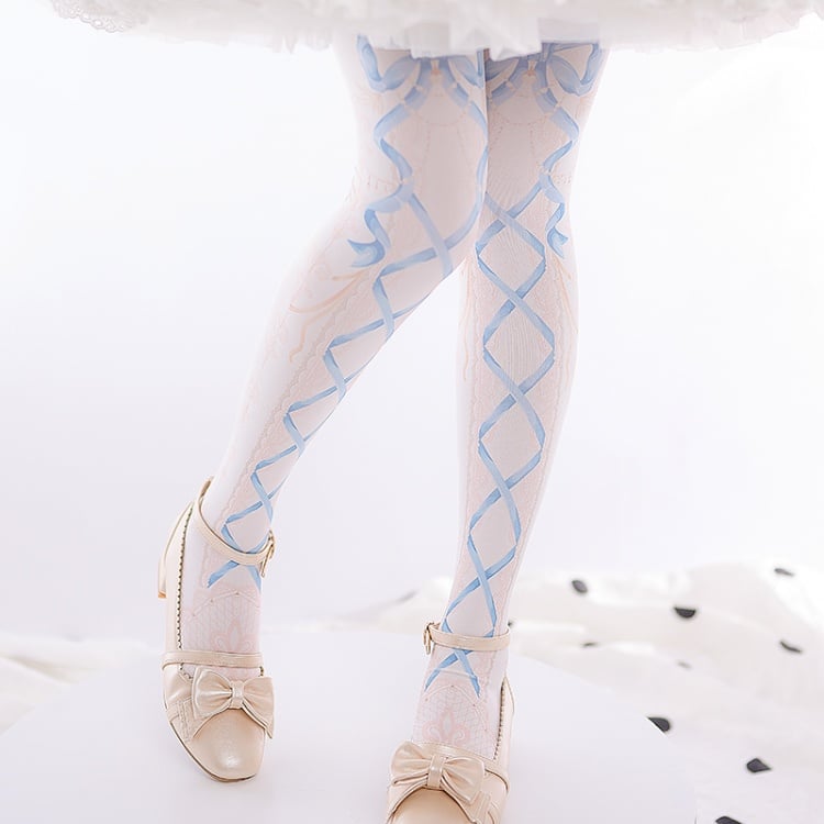 Pink/Blue Ribbon Print Sweet Lolita Tights