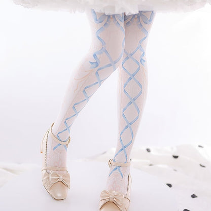 Pink/Blue Ribbon Print Sweet Lolita Tights