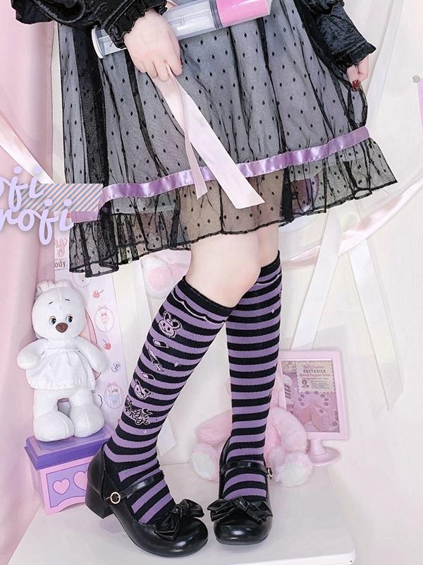 Bunny Print Sweet Lolita Underknee Striped Stockings