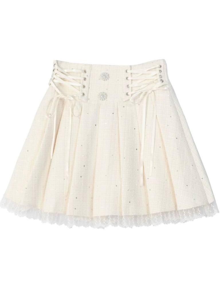 Set-up + Short Frilled Skirt Tweed Lace-up Jacket Pleated