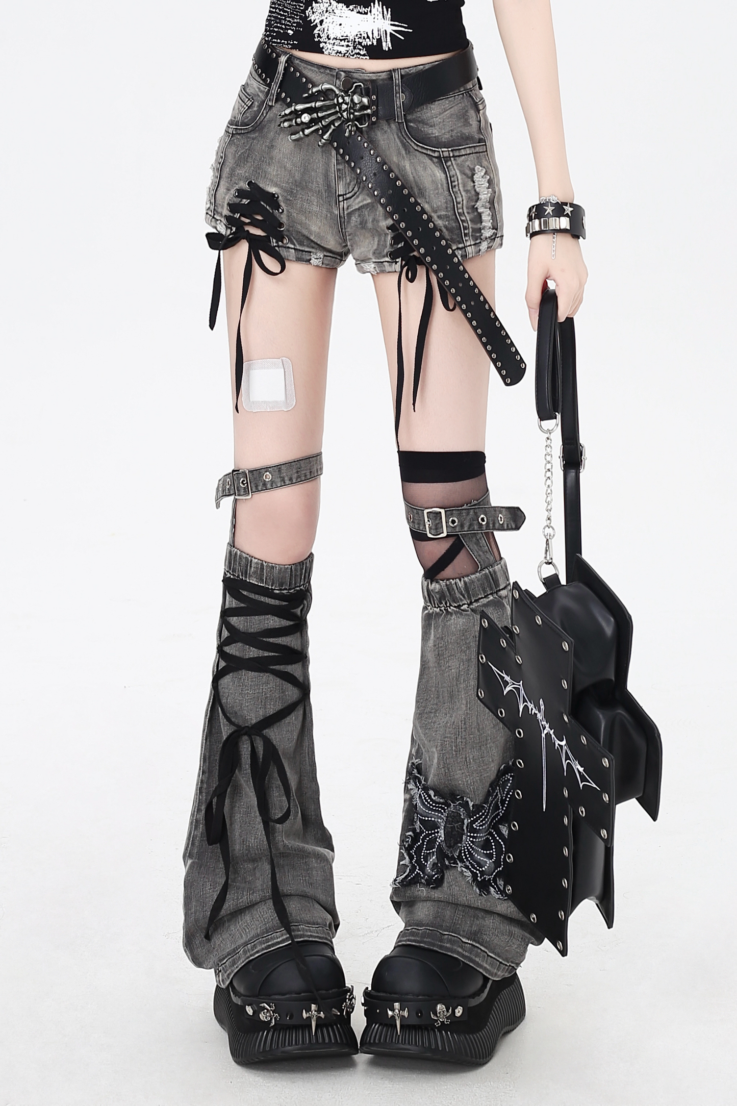 ショートパンツ カラーリボン デニム レースアップ