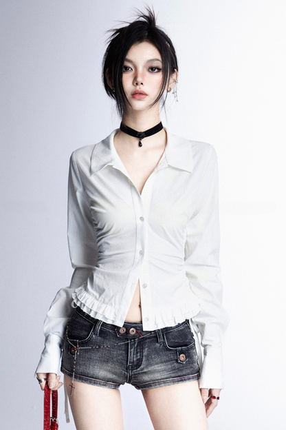 Vネック モデストプリーツブラウス スリム