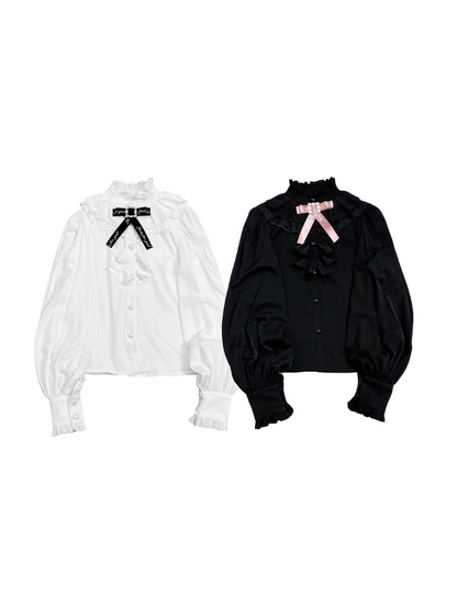 Stand Collar Loose Ruffle Volume Sleeve Ribbon Shirt