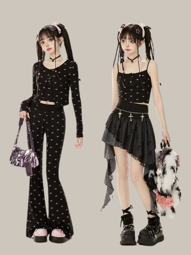 ドレス レイジーシック パンツ カーディガン + ブラック ブーツカット サスペンダー