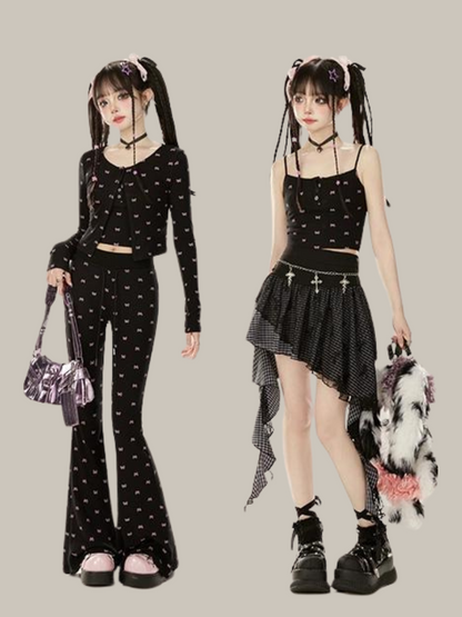 ドレス レイジーシック パンツ カーディガン + ブラック ブーツカット サスペンダー