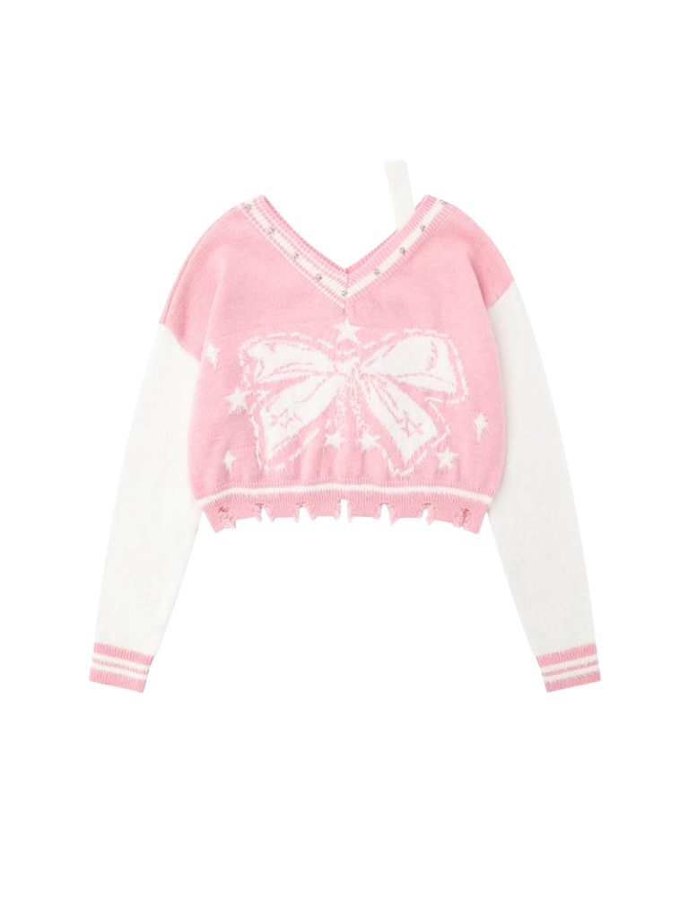 ショートリボンVネックアメリカンカラーブロックニットスター