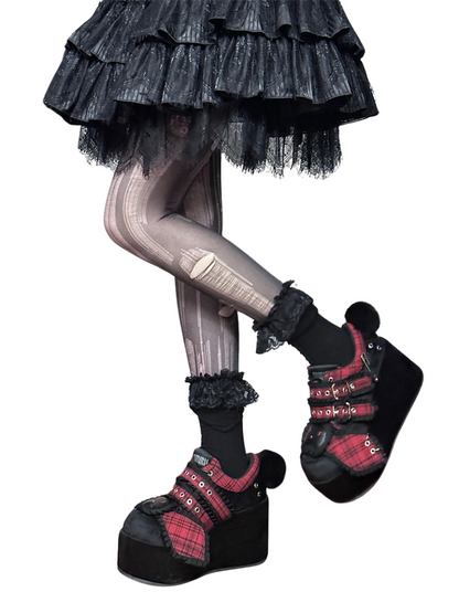 バニーシューズ ダークレッド チェックレッド オールプラットフォーム