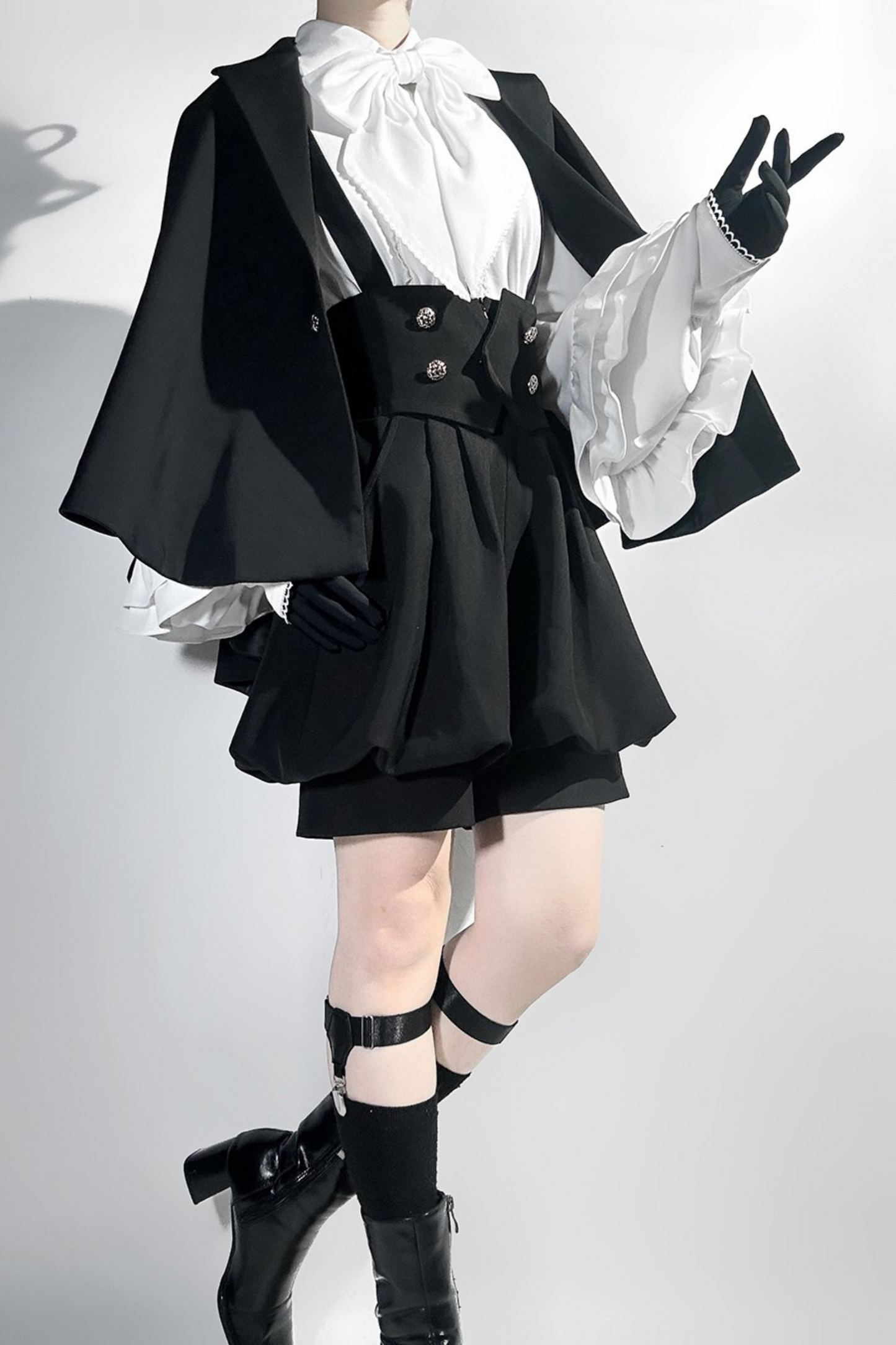 キュート+レトロショートパンツエレガントシャツリボンプリンス予約テールダーク