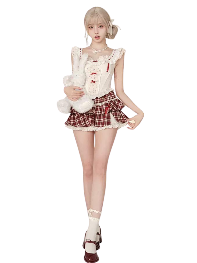 Weinkirschroter Rock + Top-Taillenweste, Strickjacke, rot, sommerlich, rot kariert + hochsüßer Anzug